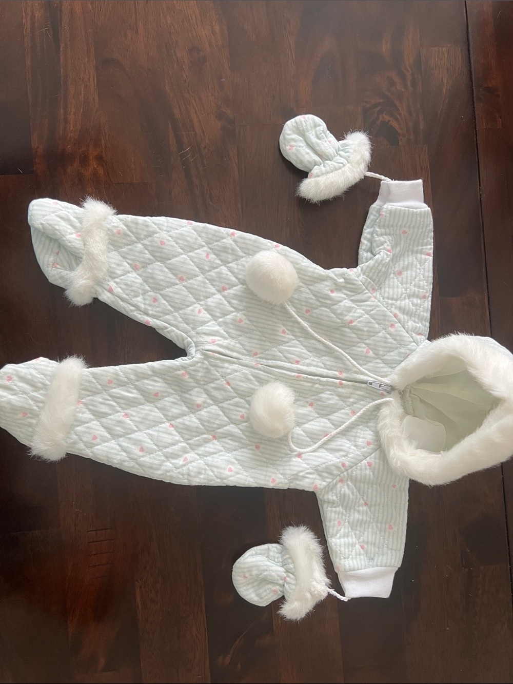 Vintage Pleasant Company Quilted One-Piece Snowsuit in Light Mint with Fur Trim